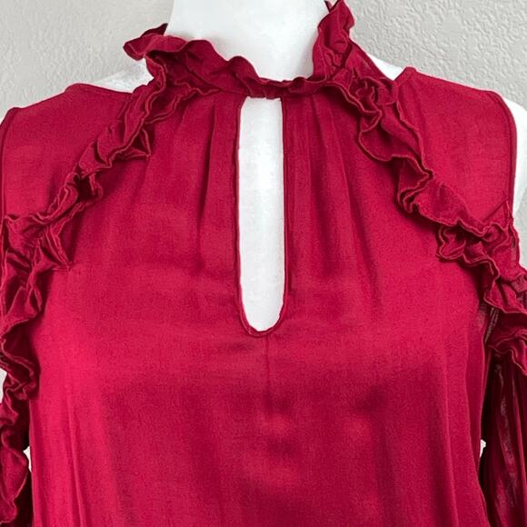 IRO Wine Hanie Cold Shoulder Long Sleeve Cutout Backless Ruffle Mini Dress S/36 - Picture 6 of 16